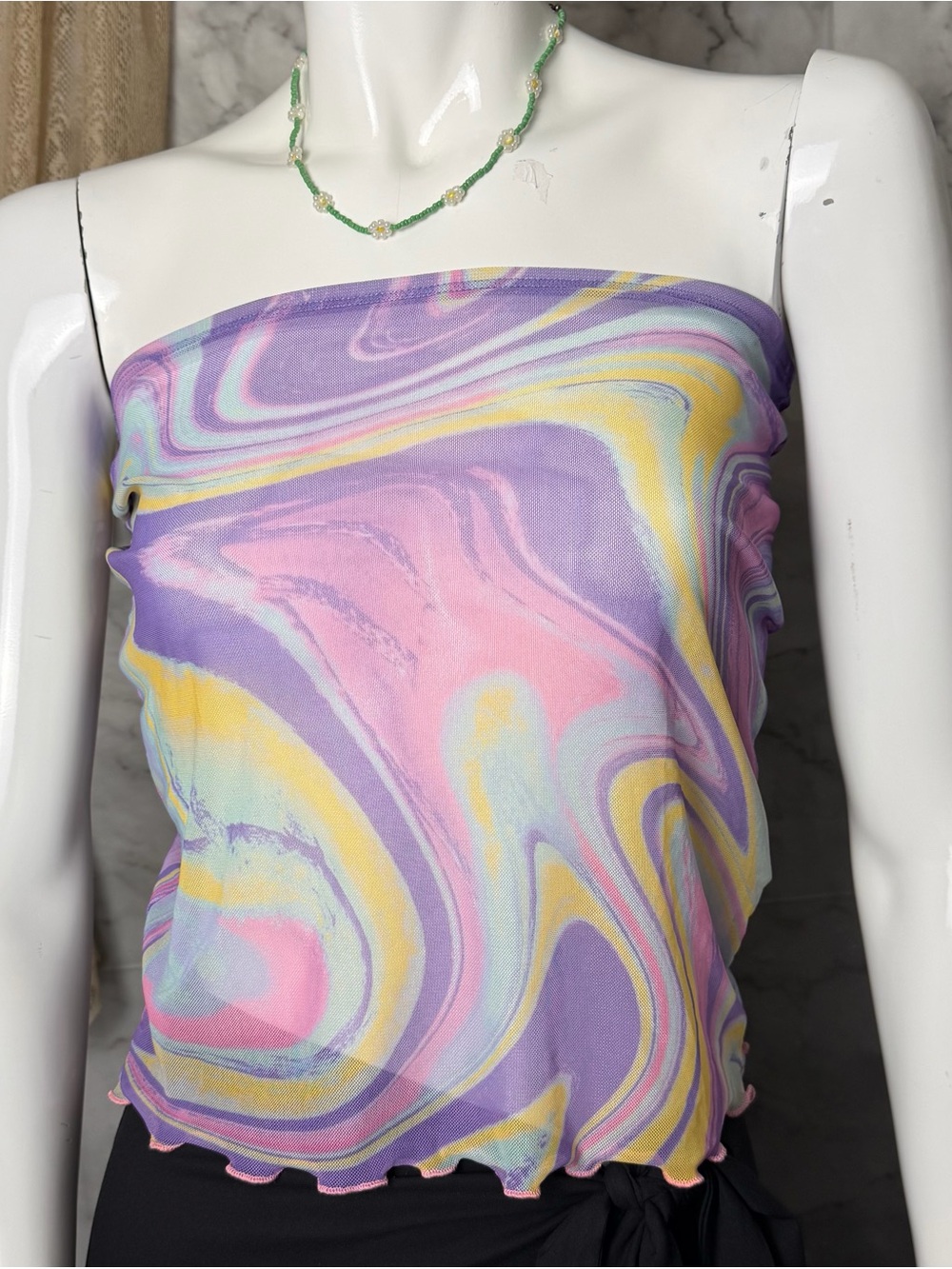 Sheer Mesh Groovy Tube Top Rave Festival Lavender Pink Mint Blue Marble Swirl L